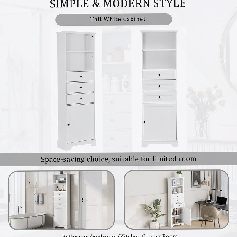 Triangle Tall Cabinet with 3 Drawers and Adjustable Shelves for Bathroom, Kitchen or Living Room, MDF Board with Painted Finish