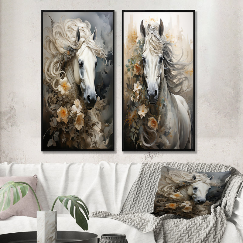 Blooming surréal équin, ensemble de 2 reproductions d'art mural cheval, H 40 po x l 41 po, Cadre noir
