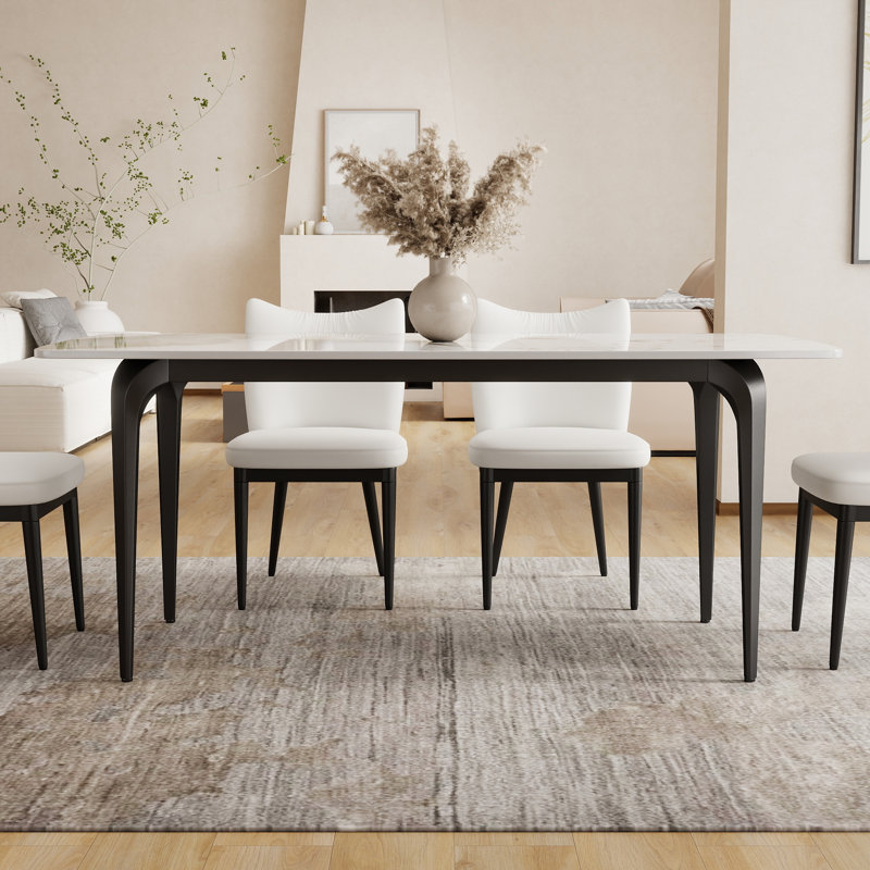Ensemble table et chaises de salle à manger 6 personnes avec plateau en pierre frittée et revêtement en cuir PU., Pandora