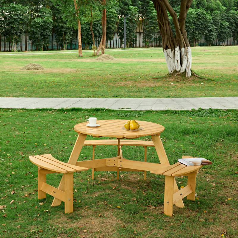 Table de pique-nique extérieure pour 6 personnes avec 3 bancs intégrés et trou pour parasol - Idéale pour jardin, cour ou terrasse - Résistante aux intempéries - Bois naturel robuste - Trou pour plus de détente