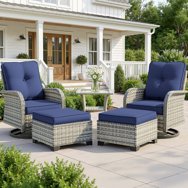 4-Piece Outdoor Swivel Glider Chair Set With Cushions, Ottomans And Side Table, Green