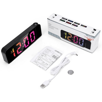 Projection Alarm Clock for Bedroom Ceiling, Digital Projection Clock with Adjustable Brightness & Snooze Function, USB Powered with Built-in Backup Button Battery, Display Time, Date, Year & Indoor Temperature