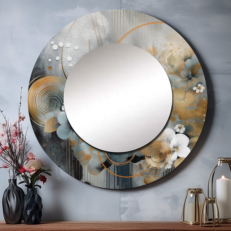 Olivyah Golden Blue Silky Flower Design III - miroir décoratif floral, miroir mural rond bleu, impression d'art en métal