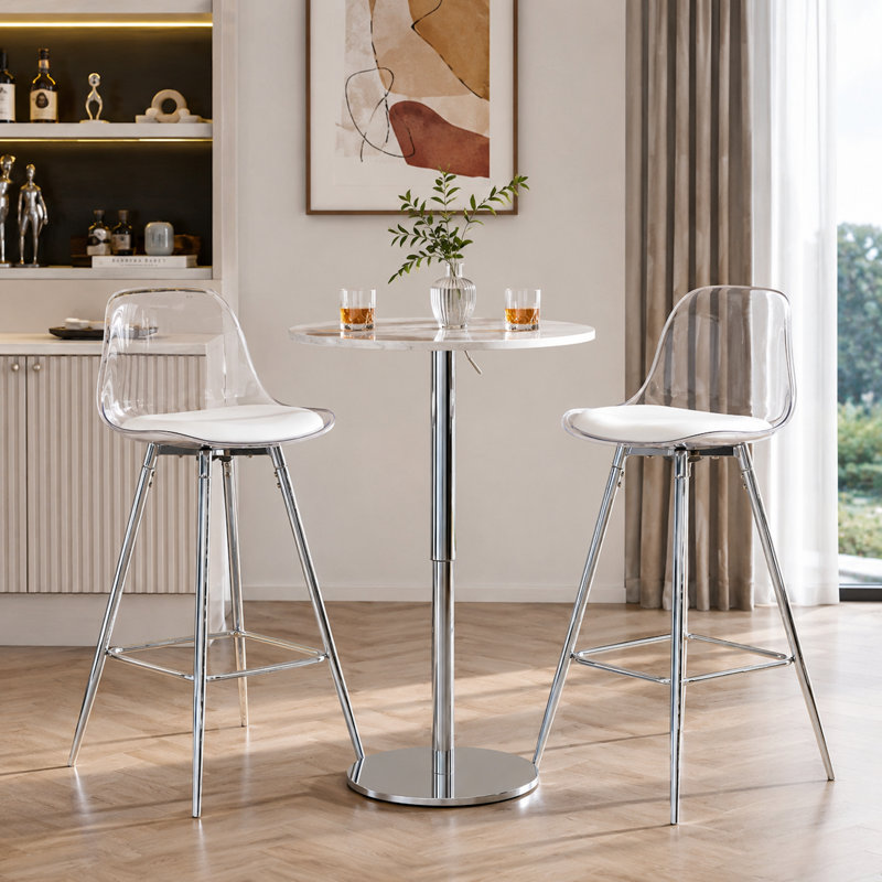 Modern Transparent Bar Stool with Upholstered Seat and Metal Legs, Silver