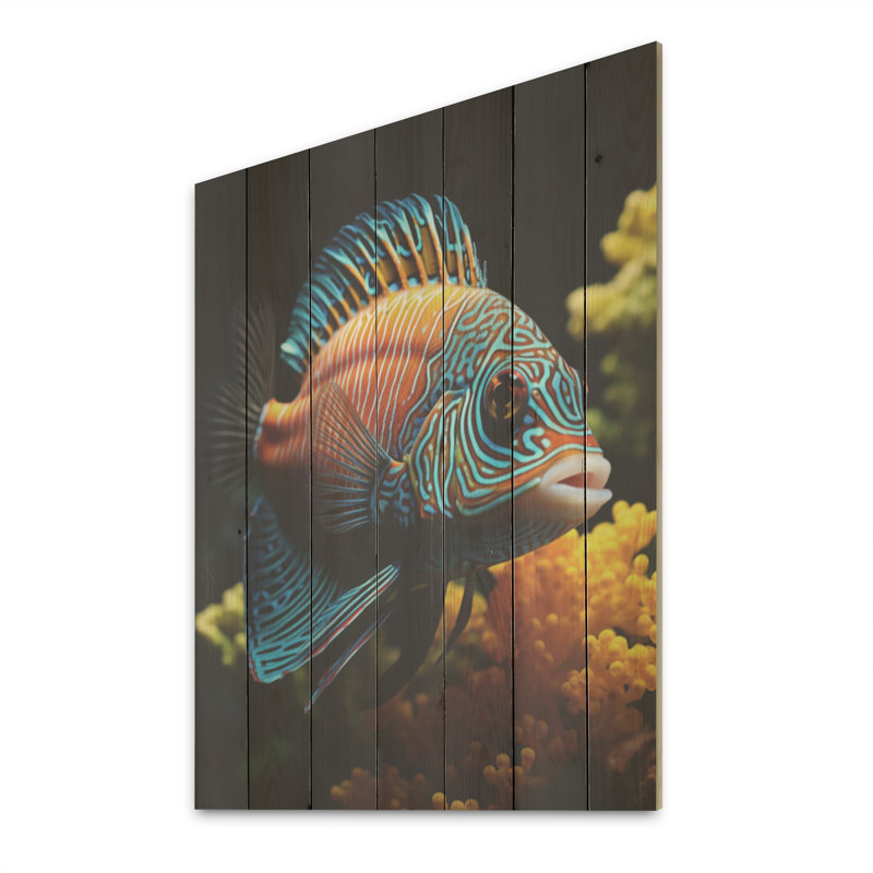 Corail, papillon, aigue-marine, aventure - poisson papillon, art mural sur bois de pin naturel, H 40 po x l 30 po