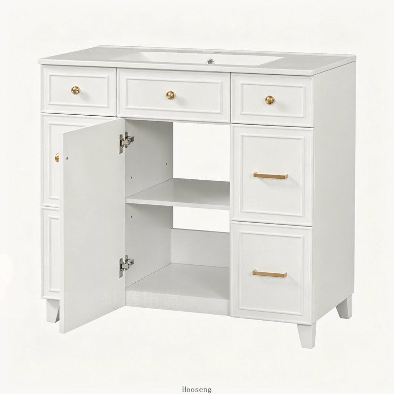 Meuble-lavabo blanc de 91 cm (36 pouces) avec lavabo en céramique, structure en bois massif, portes à fermeture amortie, étagères réglables et 3 tiroirs avec rangement pour sèche-cheveux.