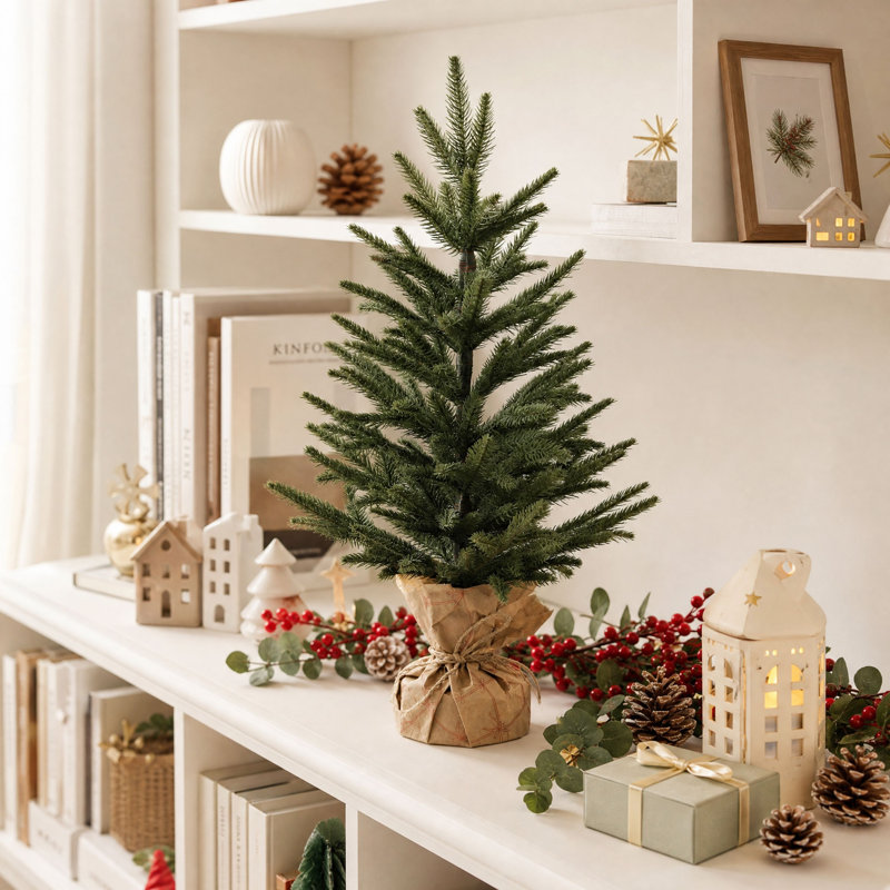 Sapin de Noël artificiel vert réaliste de 60 cm (2 pi) à poser sur une table, avec base décorative recouverte de papier kraft.