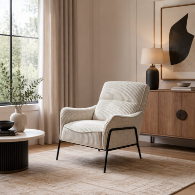 Fauteuil d'appoint moderne en tissu rayé, fauteuil confortable rembourré avec structure en métal noir, idéal pour le salon et la chambre à coucher, fauteuil de loisirs texturé vert