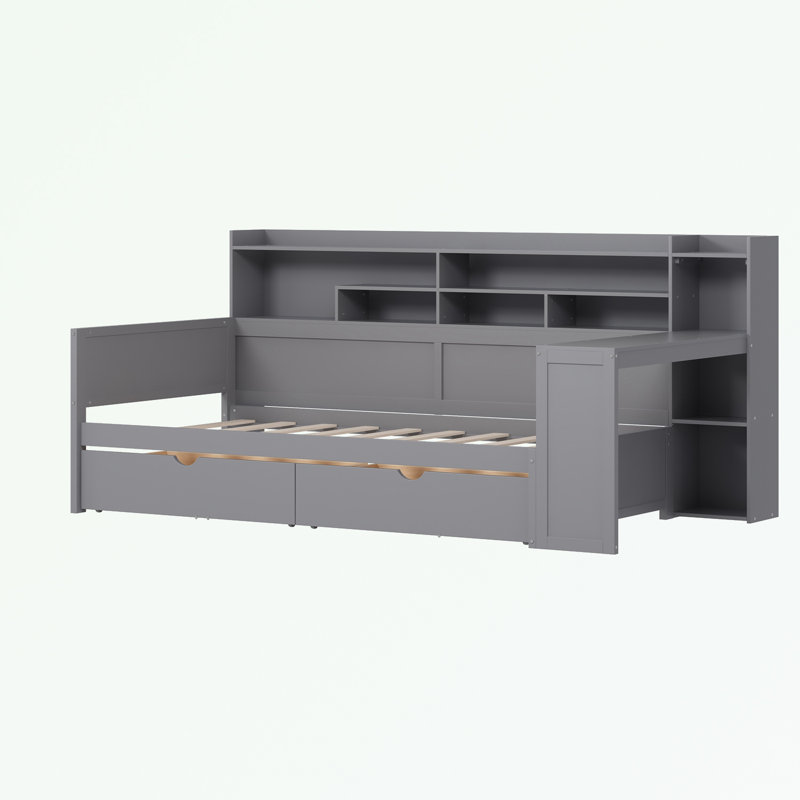Lit de jour simple avec tablettes de rangement, deux tiroirs de rangement et bureau d'étude, Gris, Lit simple
