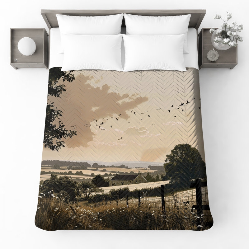 Couvre-lit matelassé de style campagne avec oiseaux, Lit simple