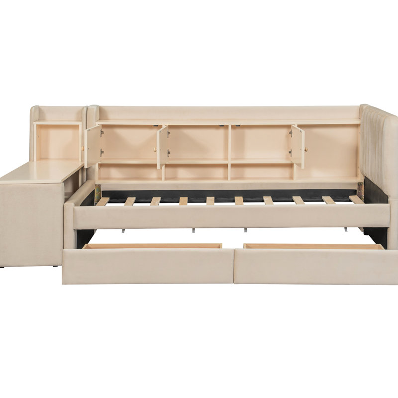 Twin Size Upholstered Beige Daybed With Drawers, Shelves, Flip Cabinets And A Side Table - Ideal For Compact Living, Space Saving Versatile Featuring Small Rooms, All In One Design Ample Storage Built