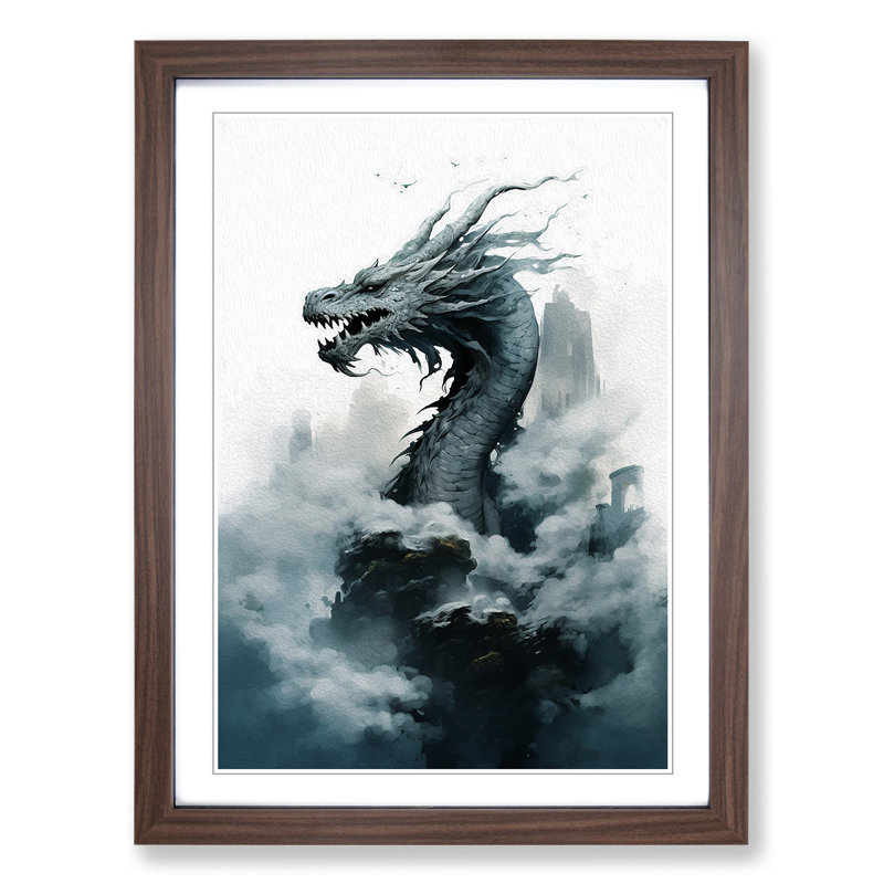 Dragon Minimalism - Single Picture Frame Print on Wood, 34cm H x 25cm W, Walnut Framed