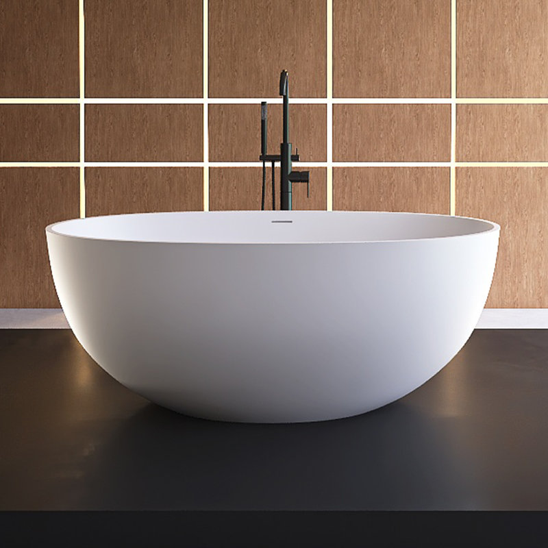 51" Matte White Freestanding Bathtub Deep Soak Oval Design, Solid Surface & Built-In Chrome Drain