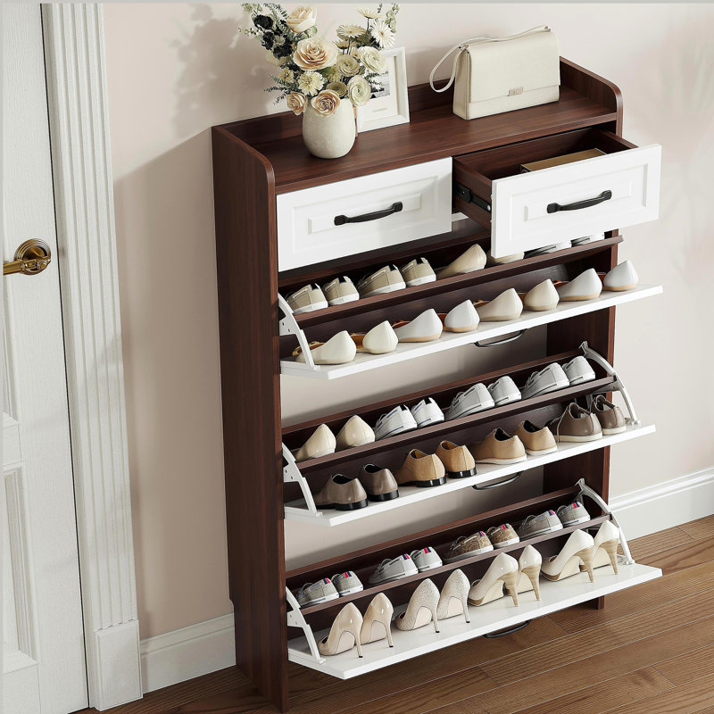 Armoire à chaussures avec 3 portes et 2 tiroirs, grand espace de rangement, Noyer/blanc