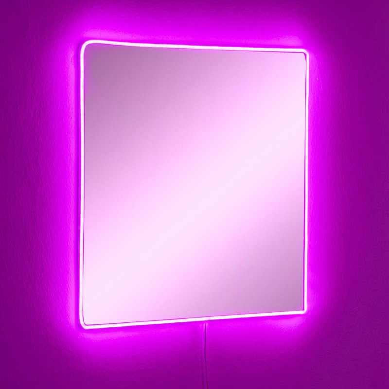 Miroir moderne à DEL de 19,7 po x 19,7 po | Acrylique incassable avec panneau de fibres à densité moyenne | Rayures néon rose | Éclairage néon 12 V, adaptateur 12 V CC 2 A inclus | Parfait pour les salles de bain élégantes et les espaces de coiffeuse