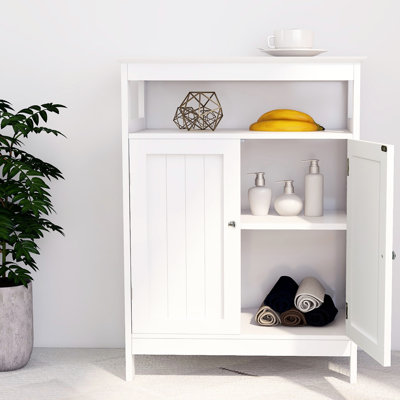 White Bathroom Floor Storage Cabinet With Double Shutter Doors, Quality , Painting, Vast Storage, Easy Assembly Standing In White, Door Design, Painted Ample Space, Simple Process