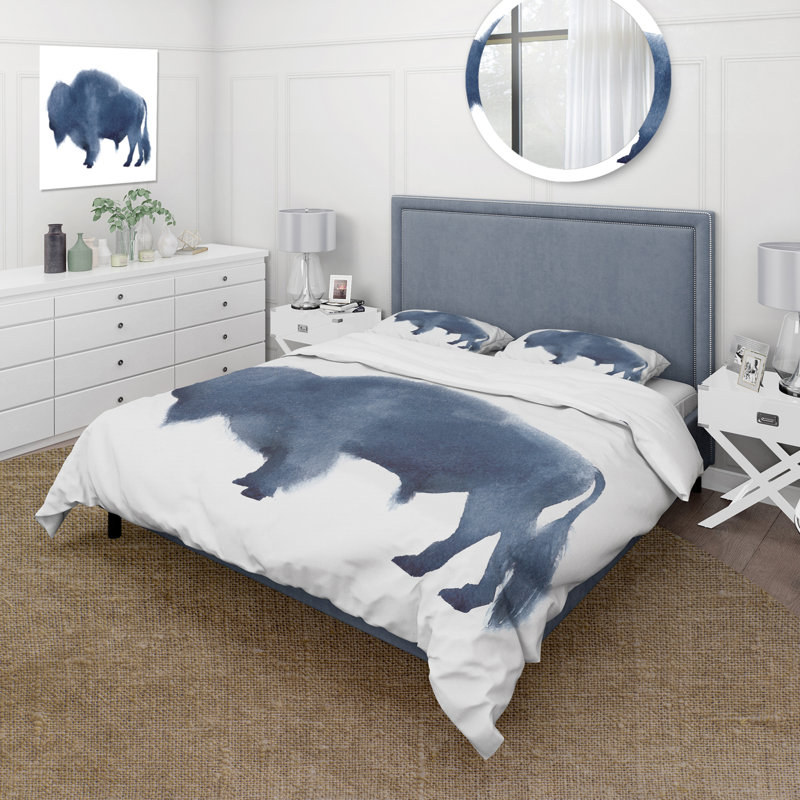 Silhouette de bison bleu marine - ensemble de housse de couette Farmhouse - microfibre de polyester