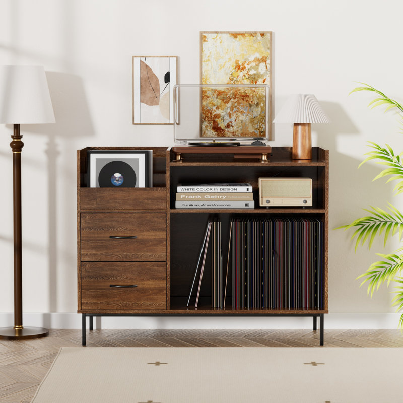 Support pour tourne-disque compact, armoire de rangement en vinyle avec 2 tiroirs et tablettes ouvertes
