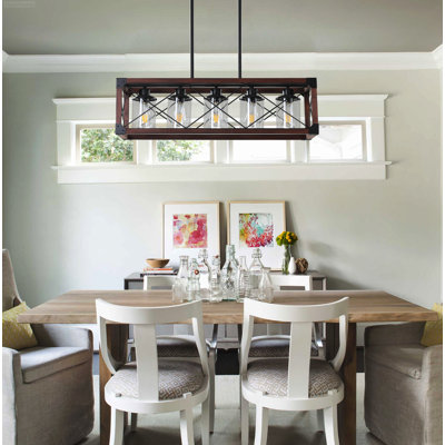 Industrial Farmhouse 5-Light Dining Room Chandelier Open Mesh Cage Pendant Light Black and Mahogany（Style B）