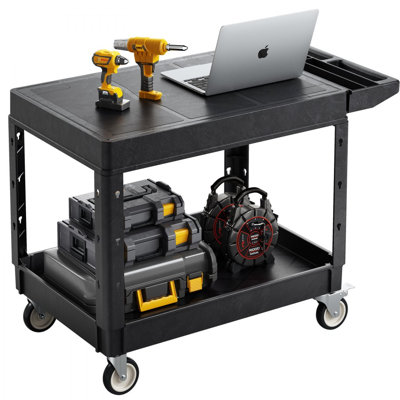 Chariot utilitaire, capacité de charge de 250 kg, chariot de service de 94 x 65 cm, chariot utilitaire robuste en plastique à deux étagères avec roues pivotantes à 360° (dont 2 avec freins), idéal pour le garage, le nettoyage et l'entrepôt.