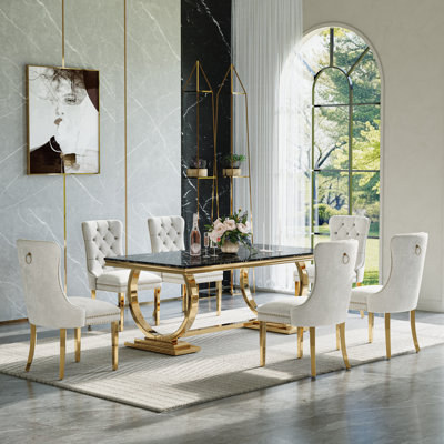 Modern Dining Set – 70" Table With Stainless Steel Base & Velvet Chairs
