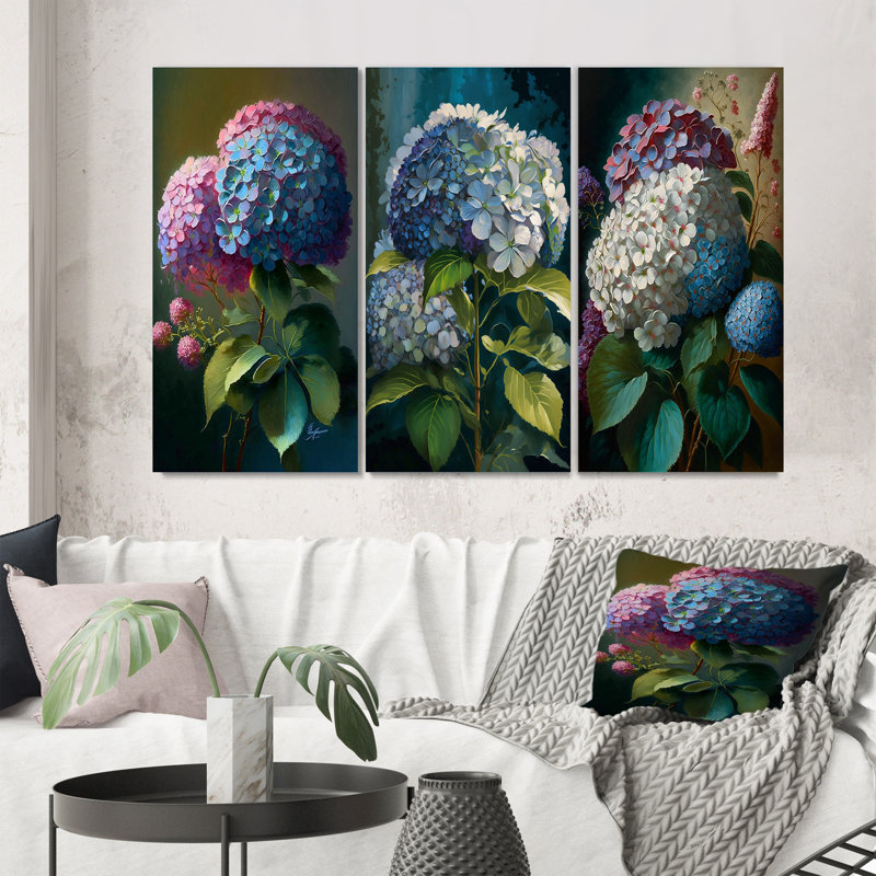«Hydrangea Bouquet Retro Illustration», 3 pièces, H 20 po x l 36 po, Toile tendue