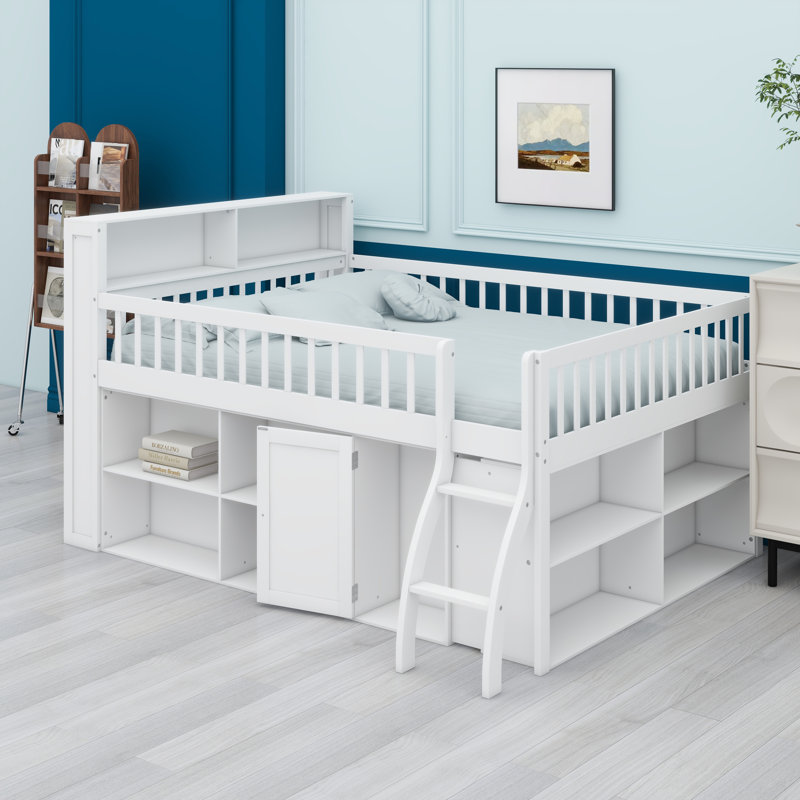 Lit mezzanine peu encombrant avec tablettes de rangement intégrées et tête de lit lumineuse à DEL, Blanc