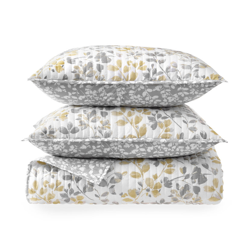 Ensemble de courtepointe 3 pièces en coton standard gris 200 fils, Courtepointe pour grand lit + 2 taies décoratives