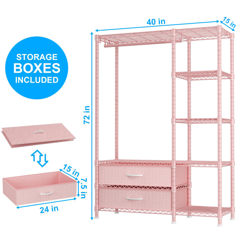 Pink Carbon Steel Portable Clothes Rack with Fabric Drawers