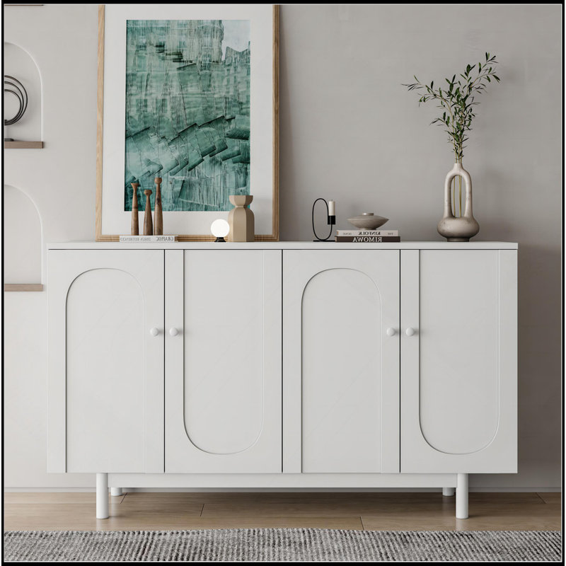Élégante et fonctionnelle armoire de rangement à 4 portes avec pieds en pin, poignées en bois massif et panneau de fibres à densité moyenne, pour le salon, la chambre à coucher et la cuisine, blanc
