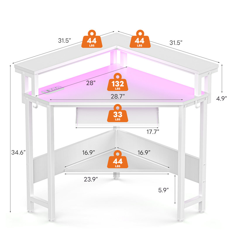 Corner Desk with Power Outlet, LED Triangle Corner Desk with Storage for Small Space, White
