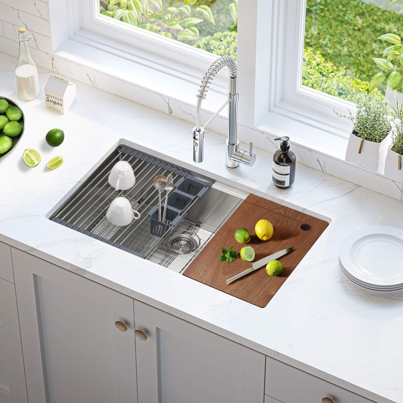 32'' L Undermount Single Bowl Stainless Steel Kitchen Sink with Drain, Colander, Cutting Board, Strainer, Grid, Dish-Drying Rack and Utensil Drying Rack
