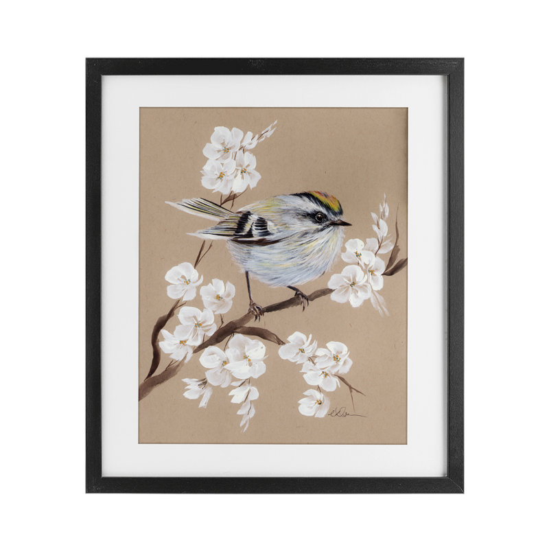Branche de pommier en fleurs avec oiseau, reproduction sous verre, conception de Cady, Cadre noir minuit, H 16 po x l 13 po