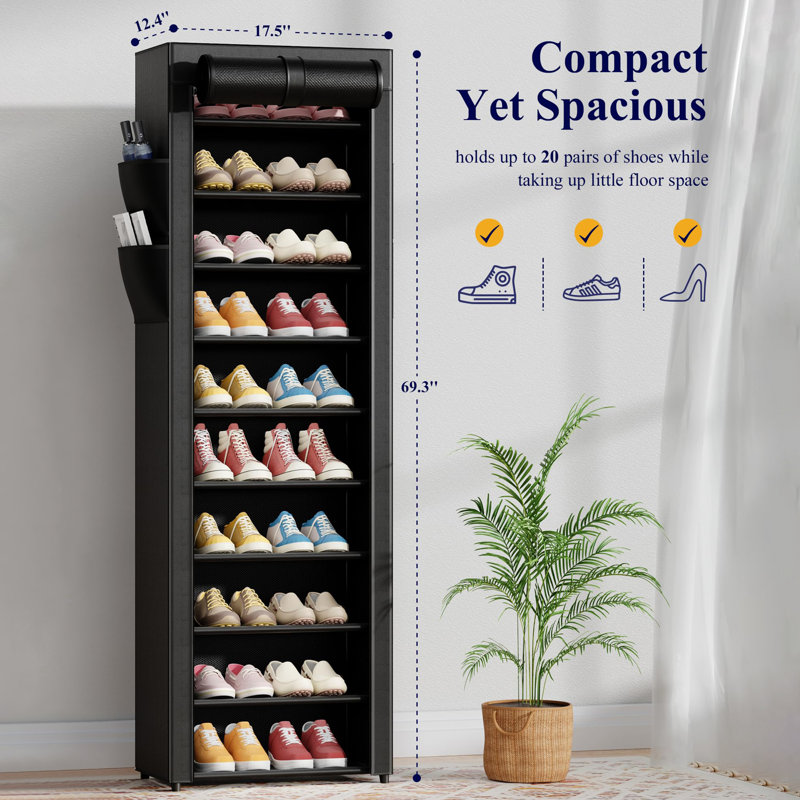 10-Tier Large Capacity Shoe Organizer Shelf with Dust Cover & Side Pockets, Black