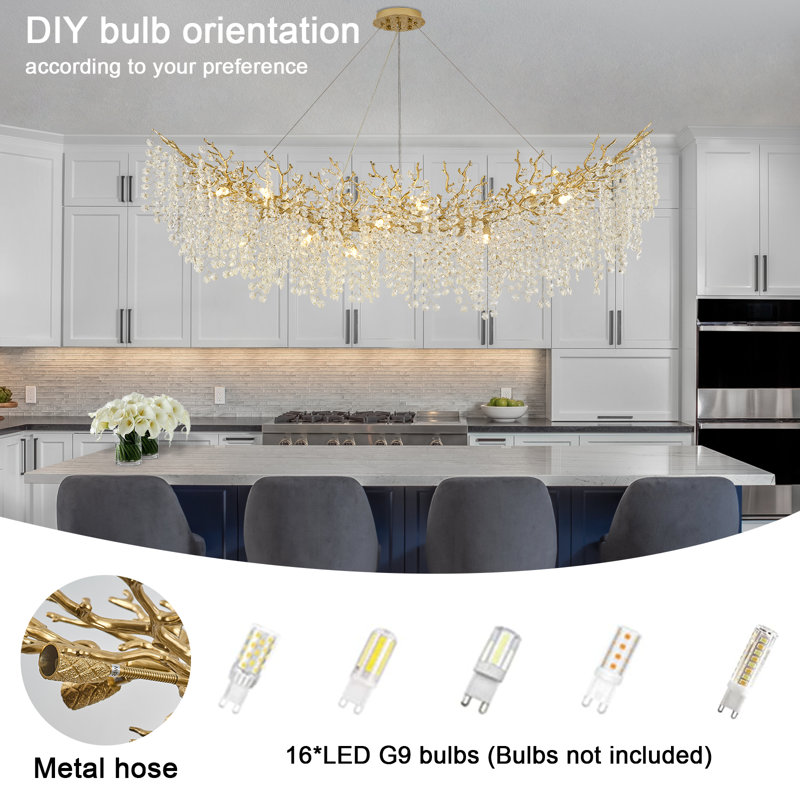 Tree Branch Snow Crystal Chandelier Lighting 63"L, Gold/White