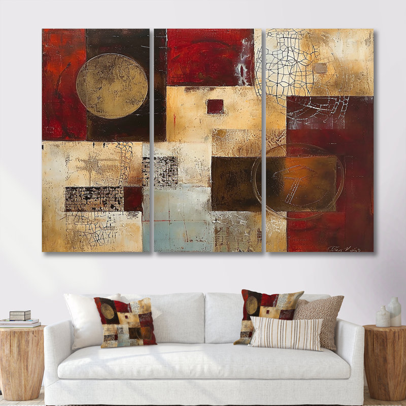 Golden Moon Cubist Abstract Faded Red - ensemble de décoration murale géométrique, Toile tendue, H 32 po x l 48 po x P 1 po
