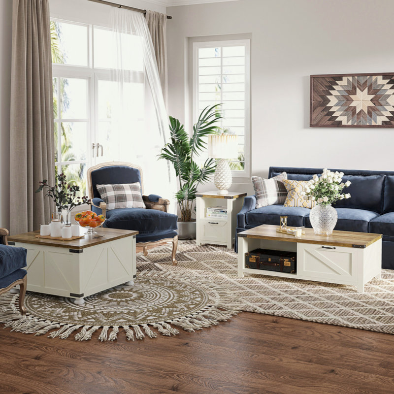 Farmhouse Coffee Table With Storage And Drawer, Rustic Coffee Table For Living Room, Open Shelf, White