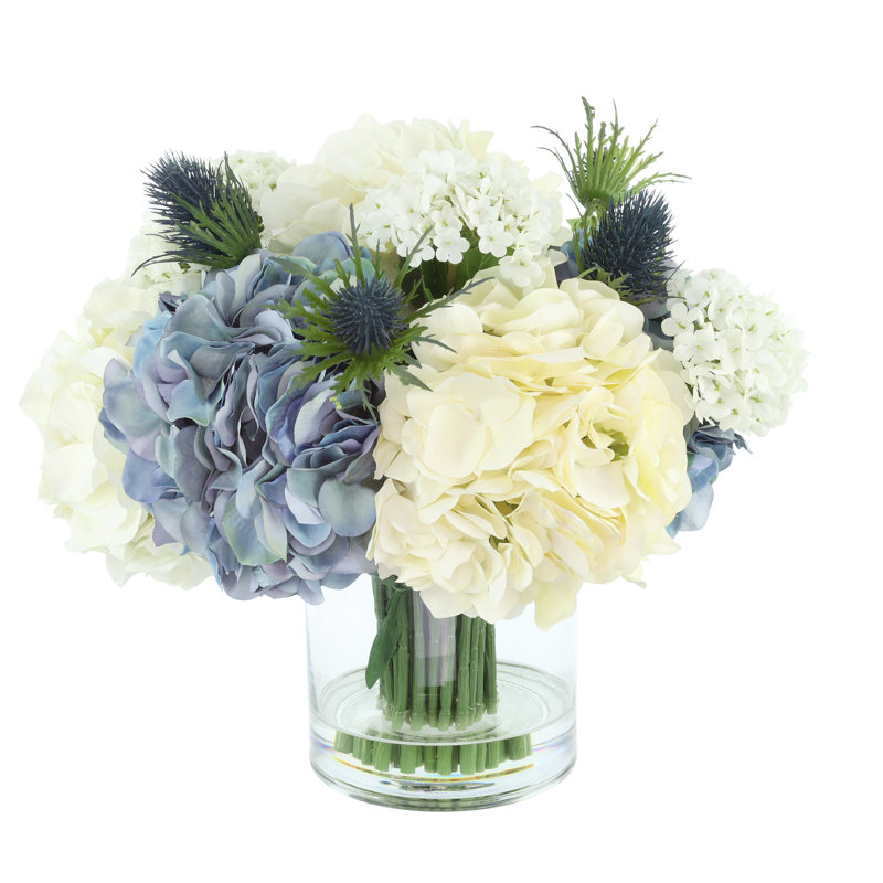 Hydrangea Arrangement with Thistle and Viburnum