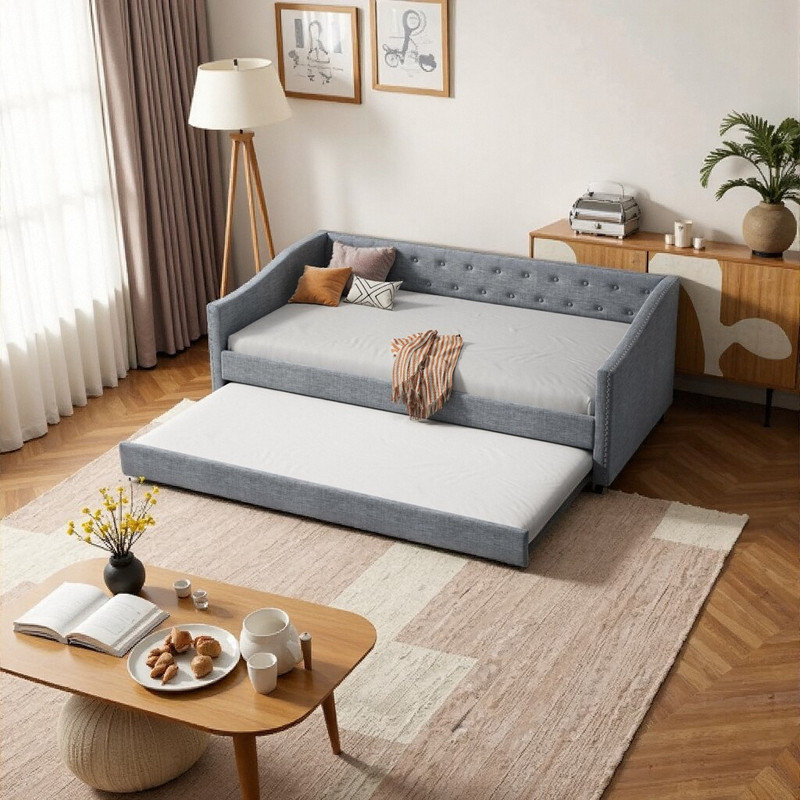 Divan-lit simple avec couchette et rangement, Gris, Lit simple