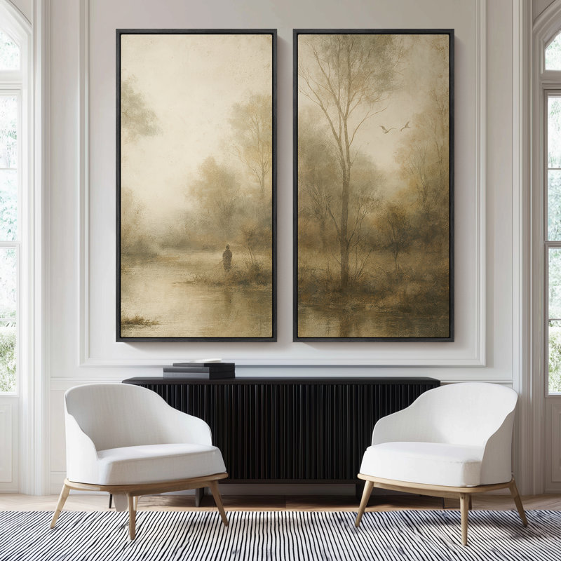 «Misty River Trees», ensemble de 2 reproductions d'art murales encadrées sur toile 60 po x 30 po x 2 pièces, Noir
