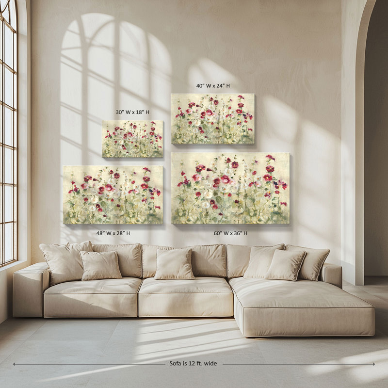 "Hollyhocks Row Cool" par Cheri Blum, reproduction sur toile, H 18 po x l 30 po