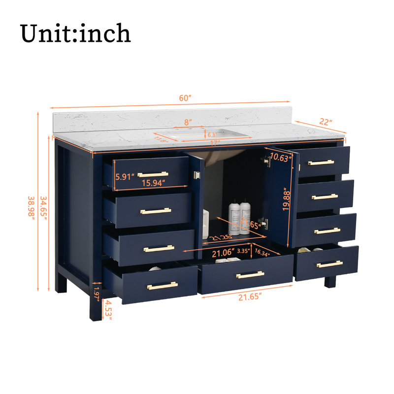 Tiberiu 60'' Single Bathroom Vanity with Engineered Marble Top, Blue