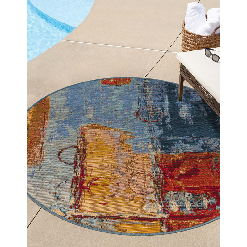 Tapis intérieur / extérieur à motif abstrait bleu / rouge Alice, Rond de 2 pi 7 po