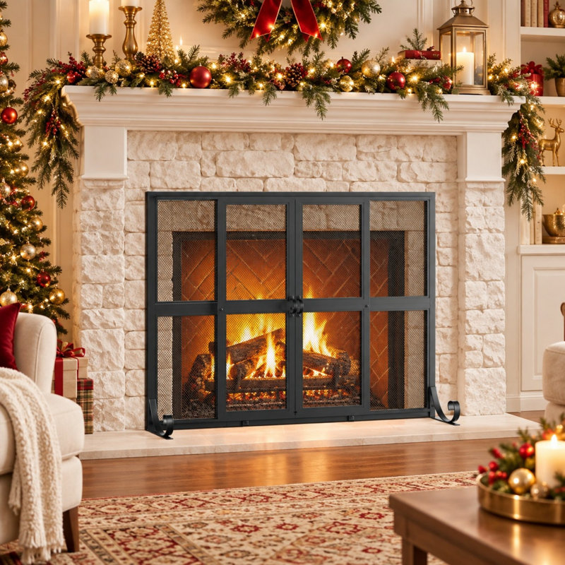 Wrought Iron Fireplace Screen with Sliding Double Doors and Decorative Mesh