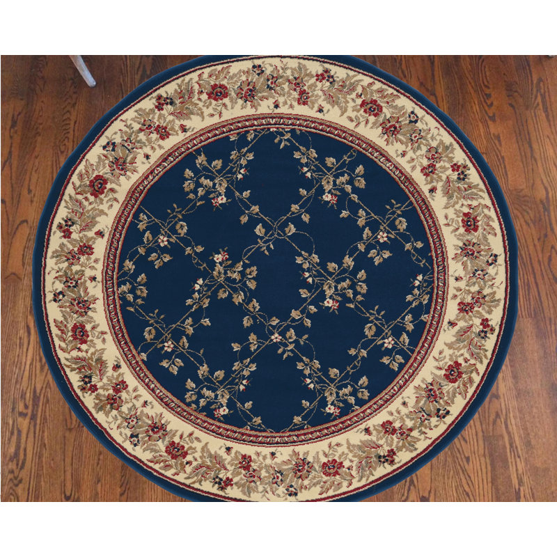 Weisgerber Traditional trellis Oriental Blue Navy Area Rug, Round 5'3"
