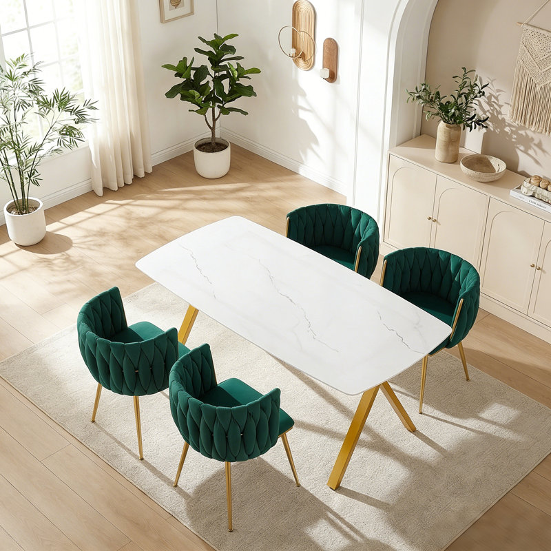 Ensemble de table de salle à manger 51 po en verre pour 4 personnes, table rectangulaire en verre trempé à motif de marbre et chaises en velours, pour la salle à manger, la cuisine, les réunions de famille, or, vert