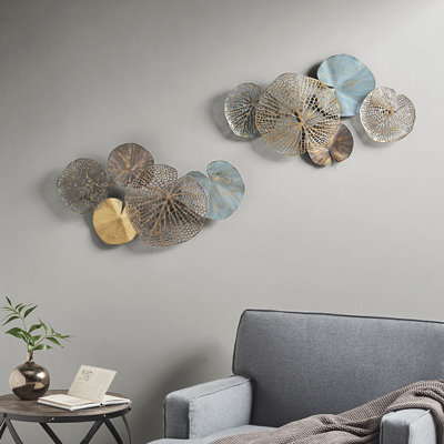 Metal Wall Ornament - 2 Multi Lily Pad Leaves, Aged & Gold, White, Brass, Indoor, Cut And Solid Keyhole Hanging Indoor Art Decor Finish In Hanger