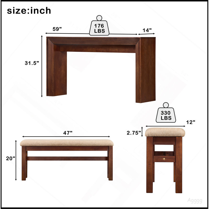 Ensemble de table de bar cannelée à hauteur de comptoir pour 2 personnes, table de salle à manger avec tabouret de bar rembourré en tissu avec pieds en bois massif, table de salle à manger derrière le canapé pour le petit déjeuner - noyer