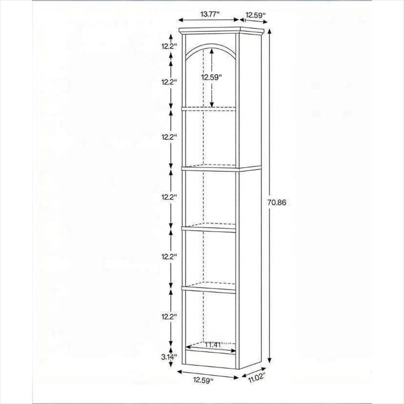 Bibliothèque cubique étroite en noyer et blanc classique pour salon, à cinq niveaux et système anti-basculement.