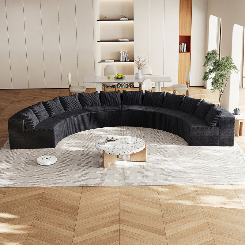 Canapé modulaire incurvé confortable en mousse avec plusieurs coussins pour différentes pièces, Velours côtelé noir